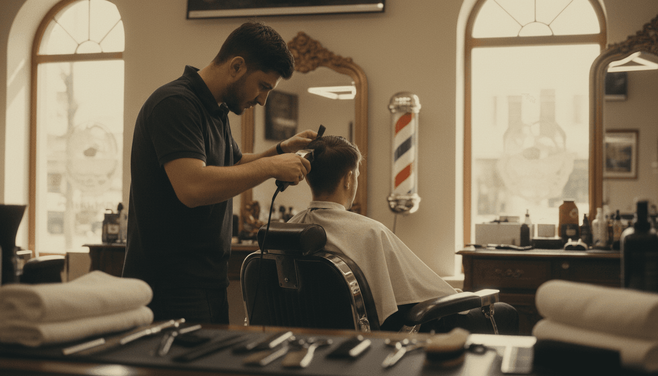 Barber carefully cutting client's hair with precision clippers in warm natural light