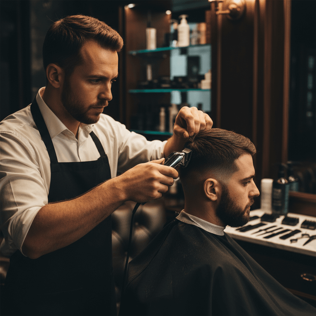 Skilled barber performing a precision haircut with natural warm lighting in a professional salon setting