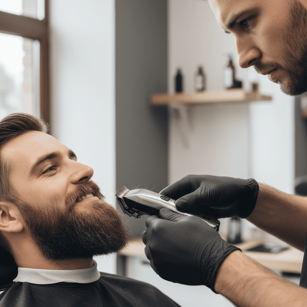 Barber using electric clippers to trim a short, neat beard