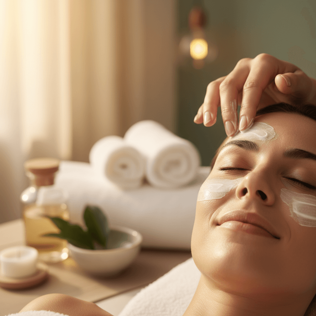 Client receiving a marine mud mask facial treatment in a spa setting