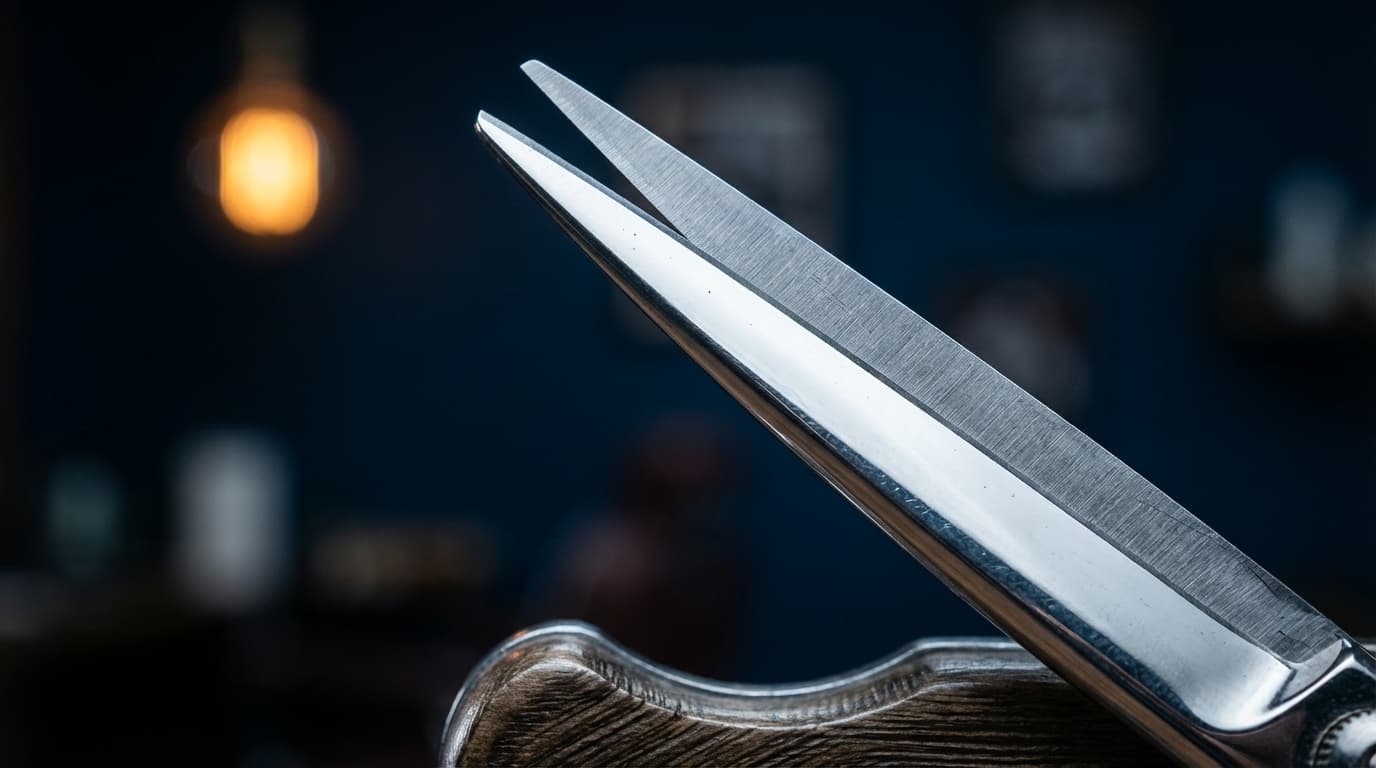 Professional barber tools including straight razor, scissors, and comb arranged on dark surface